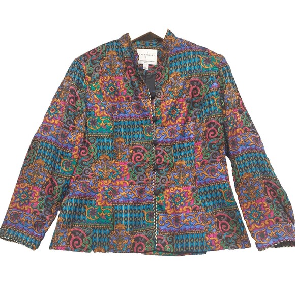 Adrianna Papell VTG Vibrant Jewel Tone Multicolor 100% Silk Print Blazer Sz 14P - Picture 1 of 7